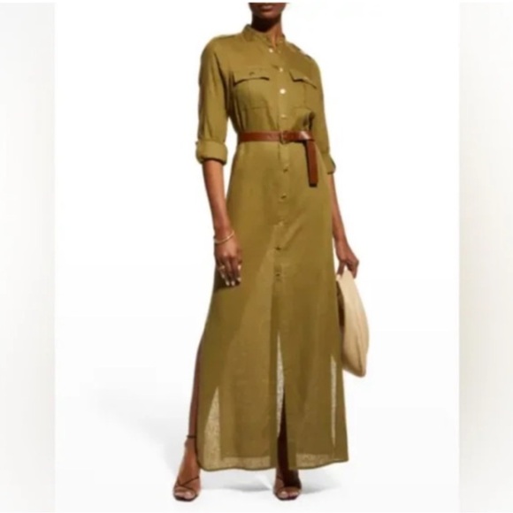 Michael Kors Dresses & Skirts - MICHAEL Michael Kors Utility Maxi Shirt Roll Tab Sleeves Snap green Linen Dress